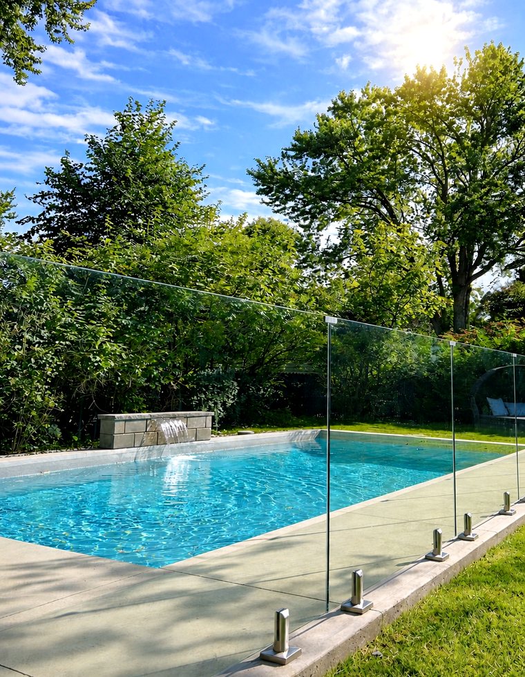 Clôture en verre autour d'une piscine avec arbres et soleil