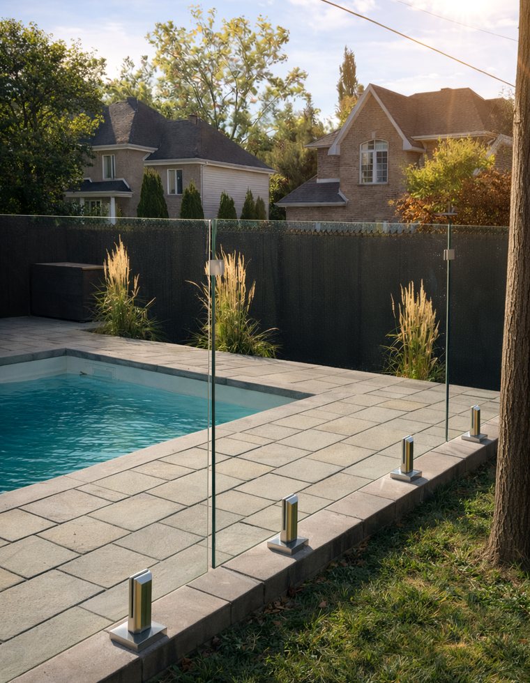 Panneaux de verre sur spigots près d'une piscine résidentielle
