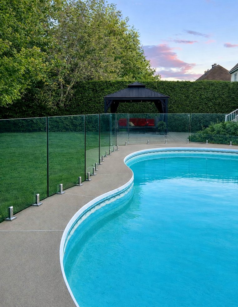 Clôture en verre suivant la courbe d'une piscine