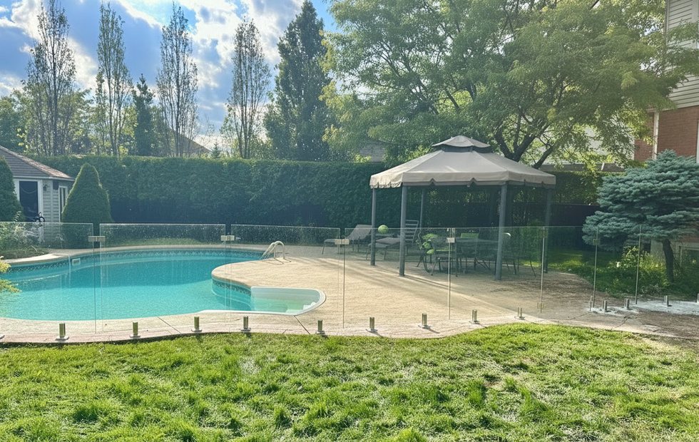 Grande cour avec piscine et clôture en verre